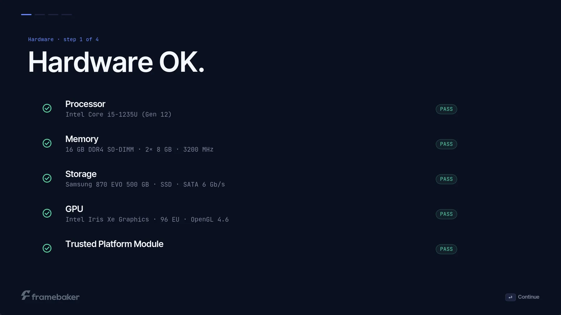 Framebaker installer showing a passed hardware check for processor, memory, storage, GPU, and TPM